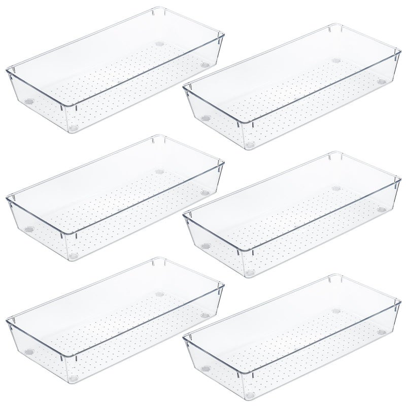 Kingrol 6 Pack 12 x 6 x 2 Inch Clear Drawer Organizer Trays, Desk Drawer Divider Storage Bins, Storage Box Set for Utensils Junks Vanities Makeups Jewelry Office Craft Supplies - Image 1